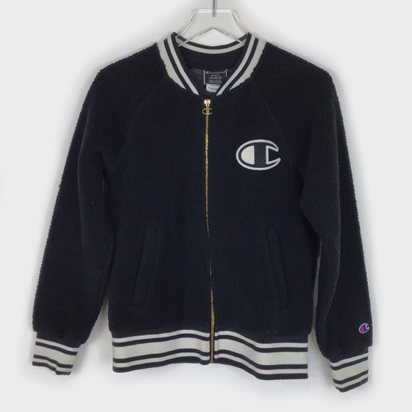 Champion Sherpa bomber jacket Womens S black spell out collegiate Preppy Cropped - Picture 7 of 15